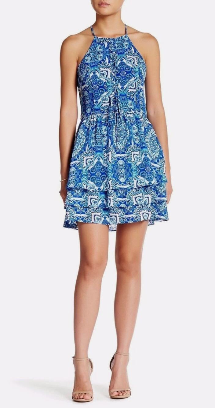 Parker New York Dax Blue Paisley Print Tiered Ruffle Sleeveless Mini Dress XS